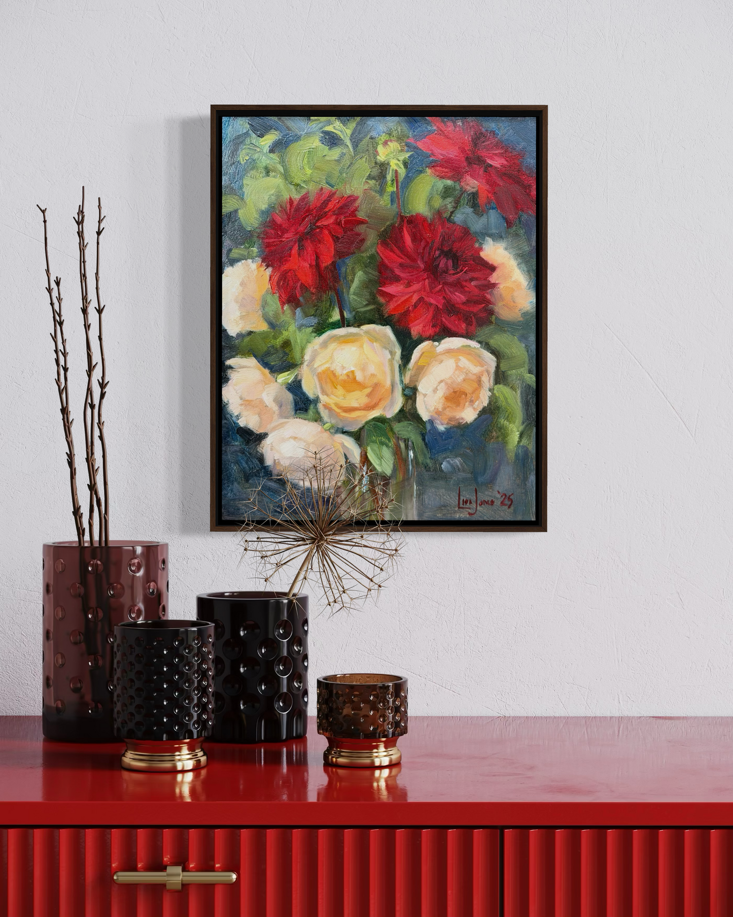 Red Dahlias and Roses