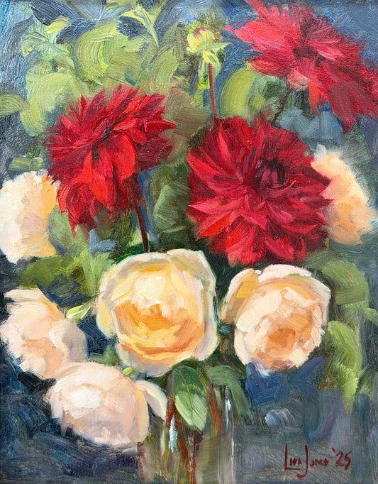 Red Dahlias and Roses
