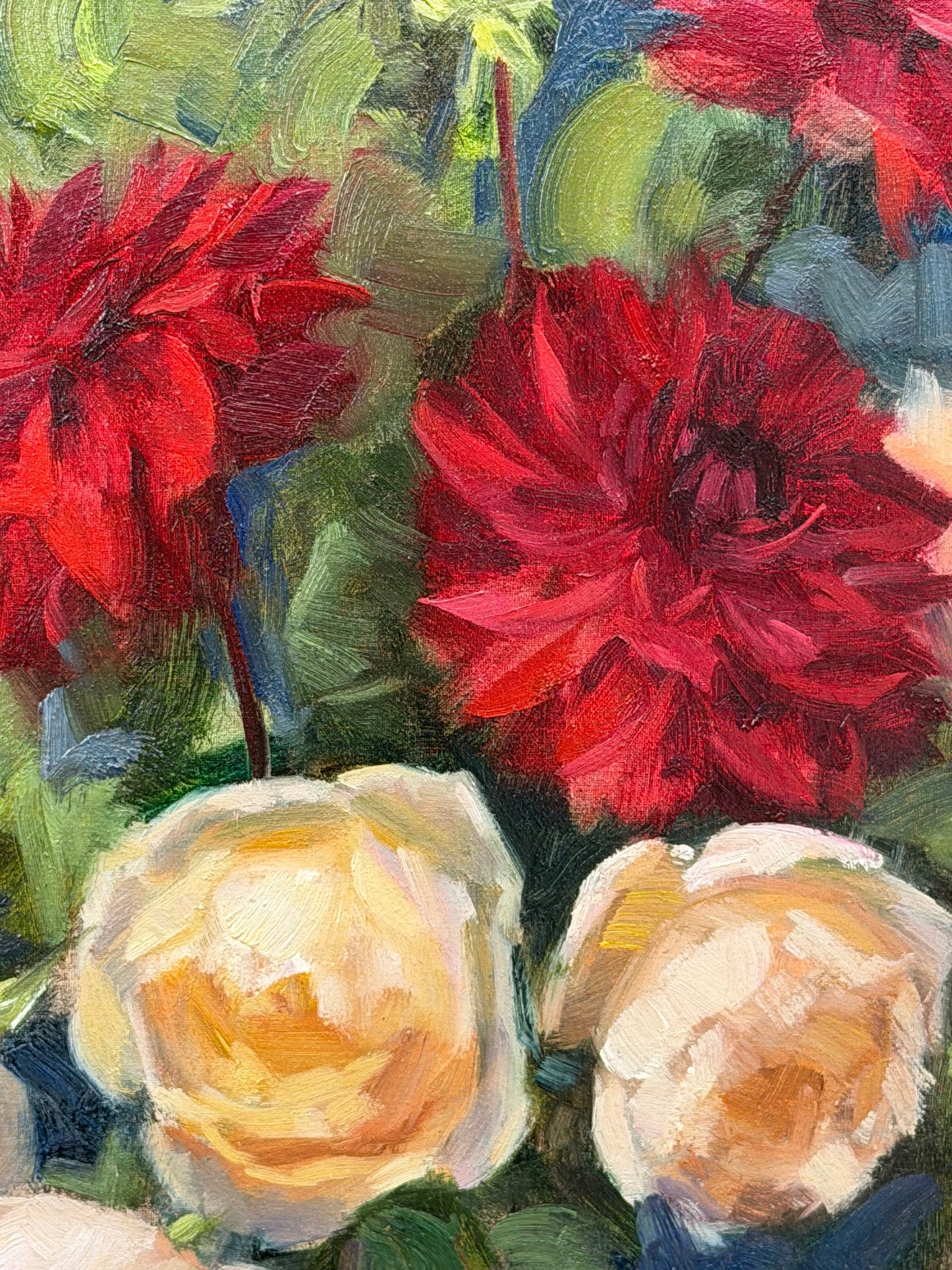 Red Dahlias and Roses